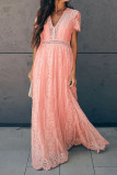 Pink Europe and America Sweet Short Sleeves V Neck Swagger Floor-Length Print lace Solid hollow out Dresses