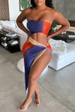 Multicolor Fashion Sexy Print Backless Asymmetrical Strapless Sleeveless Two Pieces