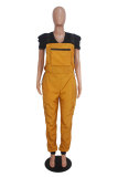 Orange Elastic Fly Short Sleeve Mid Solid Pocket Straight Pants Jumpsuits & Rompers
