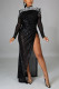 Black Fashion Sexy Patchwork Sequins Slit Half A Turtleneck Long Sleeve Dress