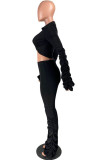 Black Fashion Casual Adult Twilled Satin Solid Fold V Neck Long Sleeve Regular Sleeve Short Two Pieces