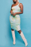 Light Green Fashion Sexy Print Tie Dye Backless Fold Halter Sleeveless Dress