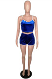 Blue Sexy Casual Solid Backless Spaghetti Strap Sleeveless Two Pieces