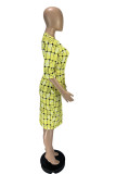 Yellow Daily Print Split Joint O Neck Wrapped Skirt Dresses