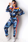 Blue Polyester OL Two Piece Suits Print Straight Long Sleeve Two-piece Pants Set