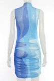 Pink Sexy Patchwork Mesh Printing Turtleneck Sheath Dresses