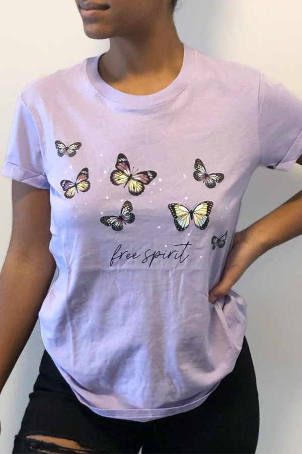 Purple Casual Print Patchwork O Neck T-Shirts