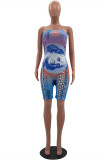 Blue Fashion Sexy Print Backless Strapless Skinny Romper