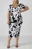 Black Sexy Print Patchwork O Neck Wrapped Skirt Plus Size 