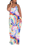 Green Polyester Fashion adult OL Green Multi-color multicolor Off The Shoulder Sleeveless V Neck Swagger Floor-Length Print Patchwork Tie and dye Dresses