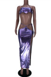 Purple Sexy Solid Hollowed Out Backless Slit Strap Design Strapless Sleeveless Two Pieces