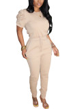 Apricot Polyester Fashion Casual adult Ma'am Solid Two Piece Suits pencil Short Sleeve Two Pieces