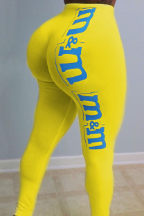 Yellow Polyester Elastic Fly Mid Print pencil Pants Bottoms