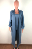 Light Blue Casual Solid Split Joint Turndown Collar Long Sleeve Two Pieces