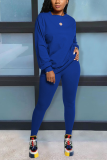 Blue Casual Solid Split Joint O Neck Long Sleeve Two Pieces