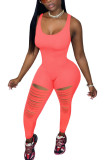 Fluorescent Red Fashion street Burn-out Solid Sleeveless Slip Jumpsuits