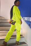 Fluorescent Yellow Chlorine Casual Patchwork Two Piece Suits Solid Straight Long Sleeve