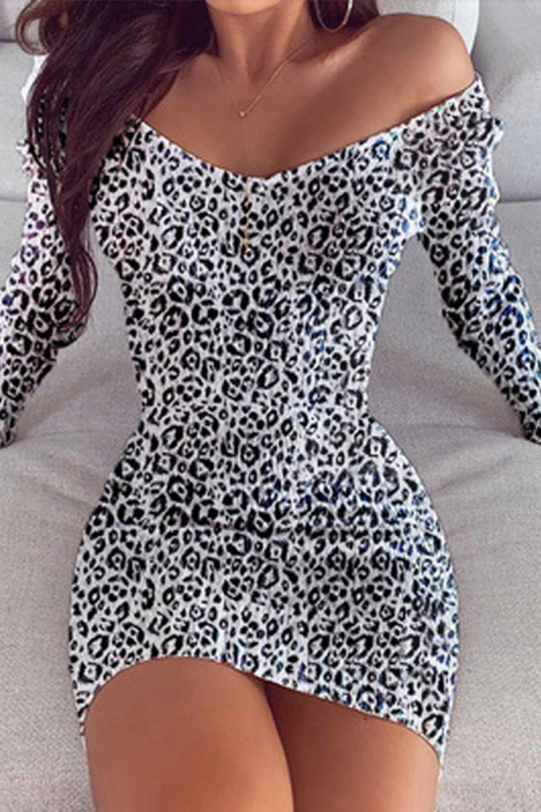 Black Sexy Leopard Split Joint Bateau Neck Pencil Skirt Dresses