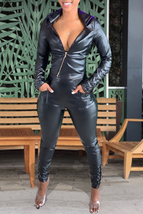 Black Fashion Casual Adult Faux Leather Solid Bandage Split Joint Turndown Collar Long Sleeve Regular Sleeve Short Two Pieces