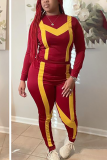 Red Casual Solid Patchwork O Neck Long Sleeve Two Pieces