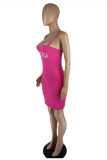 Pink Fashion Sexy Letter Print Backless Spaghetti Strap Sleeveless Dress