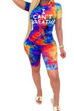 Blue Blends Fashion Casual adult Ma'am Print Tie Dye Two Piece Suits Straight Short Sleeve Two Pieces