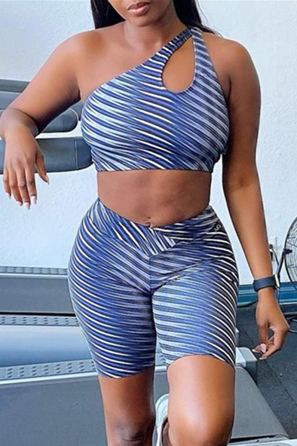 Light Purple Sexy Sportswear Print Hollowed Out Backless One Shoulder Sleeveless Two Pieces