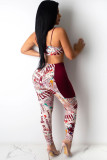 Wine Red Polyester Fashion Sexy adult Ma'am Patchwork Print Two Piece Suits pencil Sleeveless Two Pieces