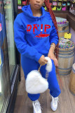 Blue Casual Letter Print Split Joint Hooded Collar Long Sleeve Two Pieces