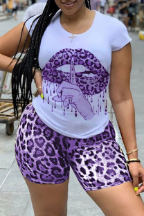 Purple Casual Letter Lips Printed Split Joint O Neck Short Sleeve Two Pieces