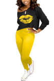 Yellow Fashion adult Ma'am Street Print Two Piece Suits pencil Long Sleeve Two Pieces