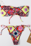 Multicolor Sexy Print Patchwork Frenulum Swimwears