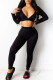 Black Sexy Solid V Neck Long Sleeve Two Pieces