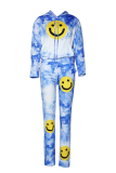 Blue Casual Patchwork Tie-dye Long Sleeve Two Pieces