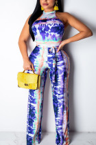 Blue Fashion Sexy Print Tie-dyed Backless Polyester Sleeveless O Neck Jumpsuits