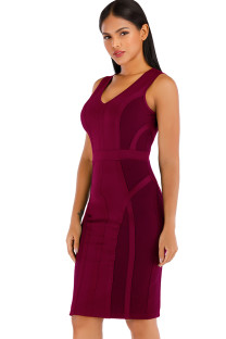 Wine Red Polyester Sexy Cap Sleeve Short Sleeves V Neck Step Skirt Knee-Length Solid