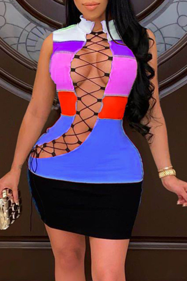 Blue Fashion Sexy Patchwork Hollowed Out Turtleneck Sleeveless Dress