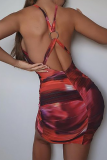 Red Sexy Patchwork Tie-dye Halter Pencil Skirt Dresses