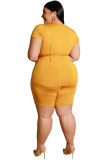 Yellow Polyester Fashion Casual adult O Neck Patchwork Solid Two Piece Suits Stitching Plus Size
