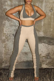 Khaki Sexy Casual Patchwork Backless V Neck Sleeveless Two Pieces