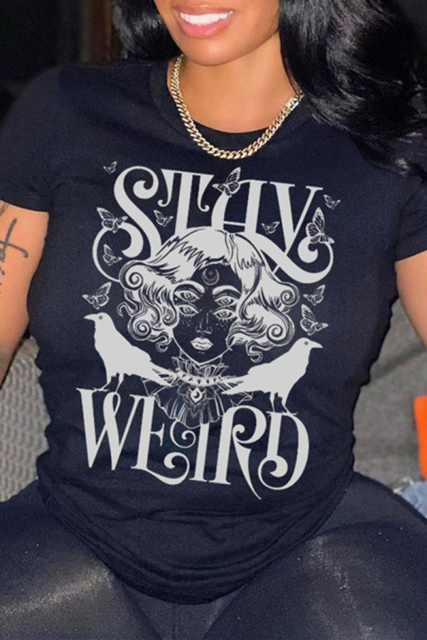 Black Fashion Casual Print Basic O Neck T-Shirts