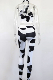 Black Sexy Print Hollowed Out Halter Sleeveless Two Pieces