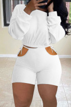White Fashion Sexy Solid Hollowed Out Strap Design O Neck Long Sleeve Two Pieces