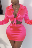 Pink Sexy Long Sleeve Top Short Skirt Set