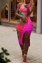 Pink Sexy Pink Orange Yellow Spaghetti Strap Sleeveless Slip Asymmetrical Knee-Length Print asymmetrical Dresses