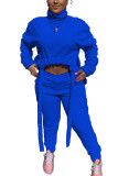 Blue Fashion Street Adult Polyester Solid Draw String Turtleneck Long Sleeve Regular Sleeve Short Two Pieces