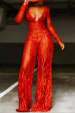 Red Fashion Casual Solid Patchwork V Neck Regular Jumpsuits