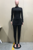 Wine Red Casual Solid Slit Turtleneck Long Sleeve Two Pieces