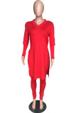 Red Elegant Solid Slit O Neck Long Sleeve Two Pieces