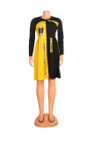 Yellow Casual Print Letter O Neck Pleated Dresses